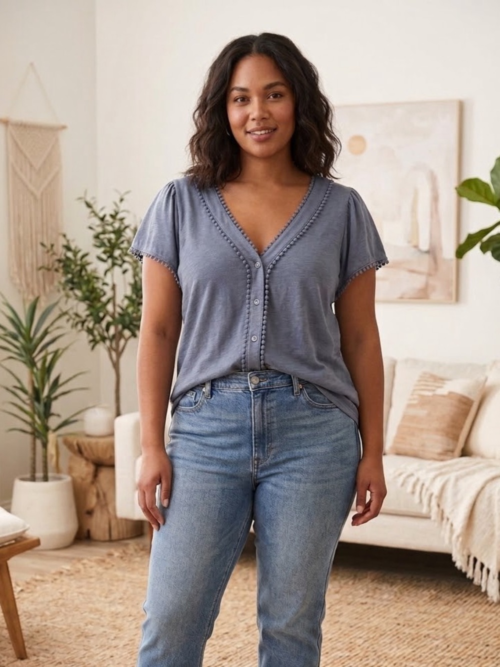French Laundry Smokey Blue  Buttondown V-Neck Top with Pom Trim NWT Large